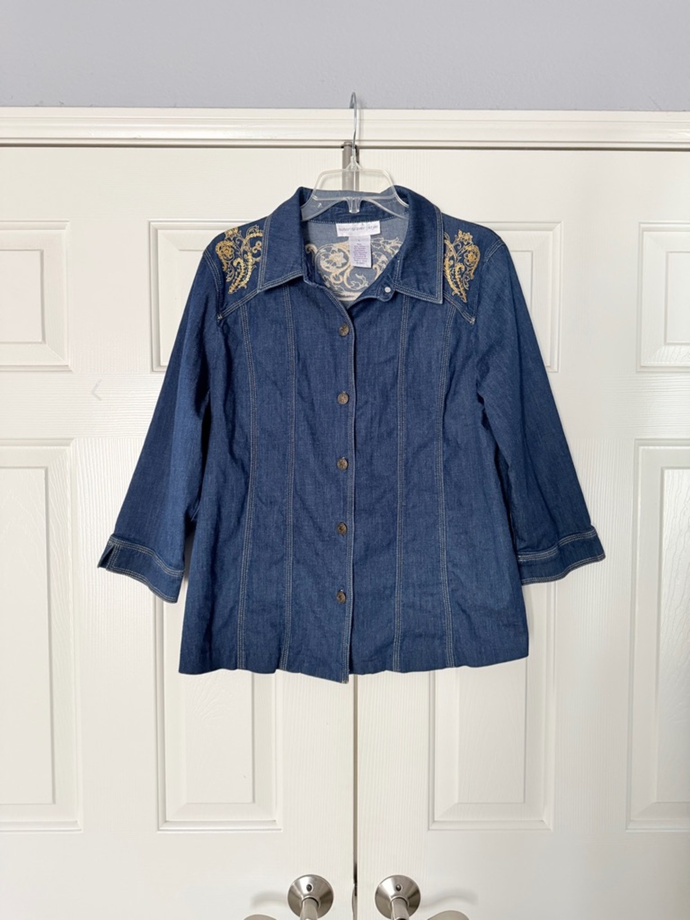 Susan Graver Navy Button-Front Top with Gold Embroidery
